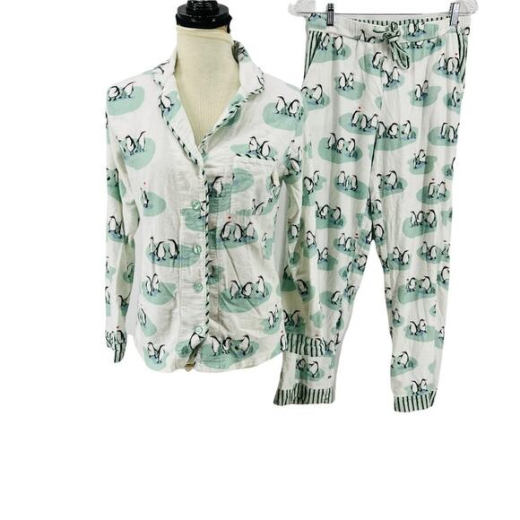 Munki Munki White Penguin Love Flannel Pajama Set Large - Picture 2 of 13